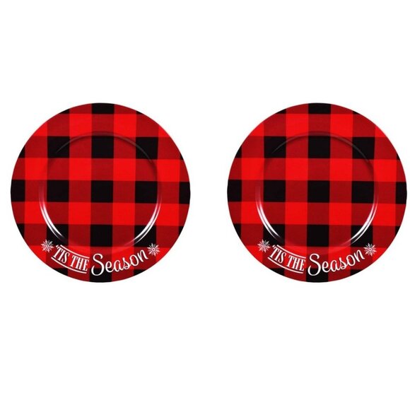 5/$20 2Pk NEW 'Tis The Season Buffalo Check Christmas Charger Plates - Picture 1 of 7